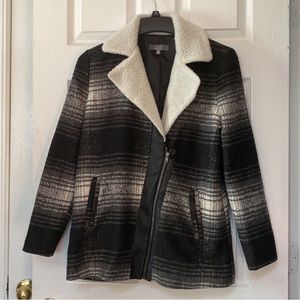 Saks Fifth Ave Black Plaid Faux Fur Sherpa Coat